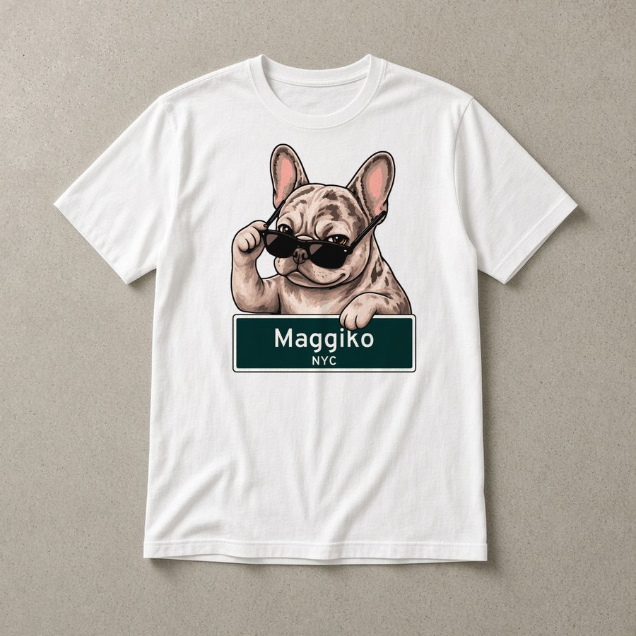 White t-shirt with a full-color print of a cream merle French bulldog pulling his black sunglasses down with one paw, the other paw resting on a green street sign reading Maggiko NYC